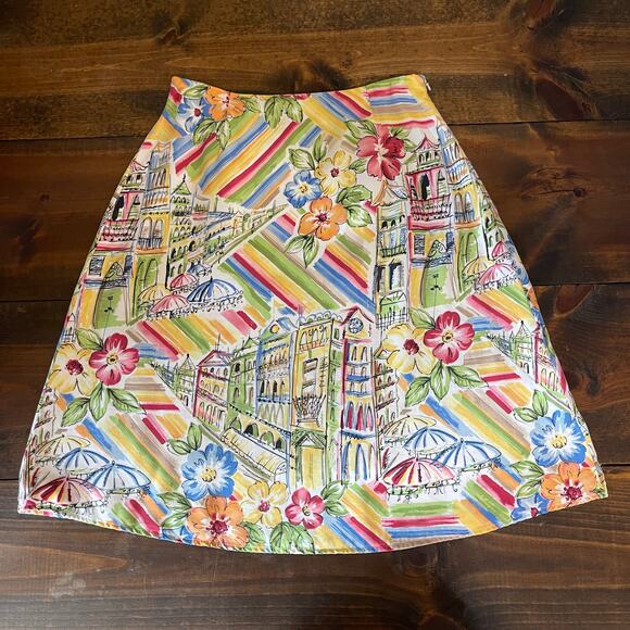 Talbots Colorful Italy France Scene City Floral Print Skirt Womens 8 Tencel Soft - Picture 1 of 11